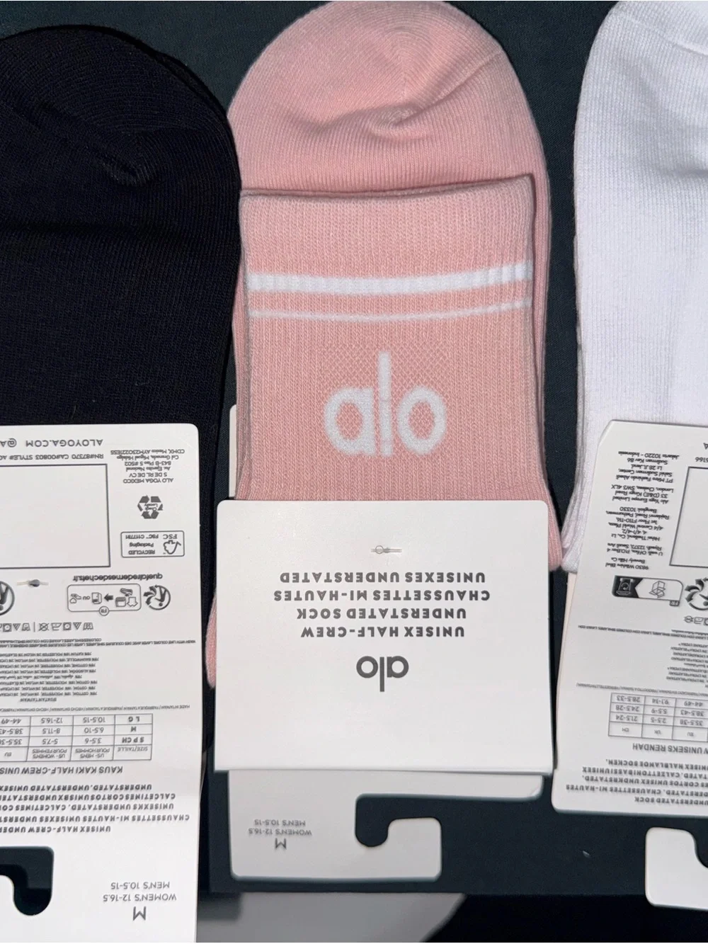 Alo Yoga Unisex Half Crew Socks 3 Pair Bundle White Pink Black Size M